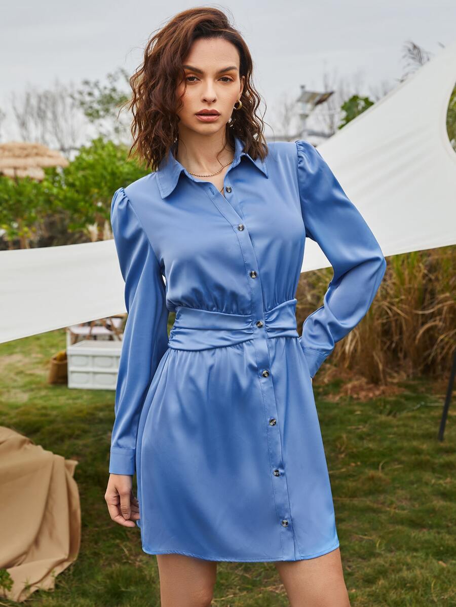 SHEIN Solid Ruched Puff Sleeve Satin Shirt Dress - Blue - View 1