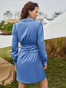 SHEIN Solid Ruched Puff Sleeve Satin Shirt Dress - Blue - View 2