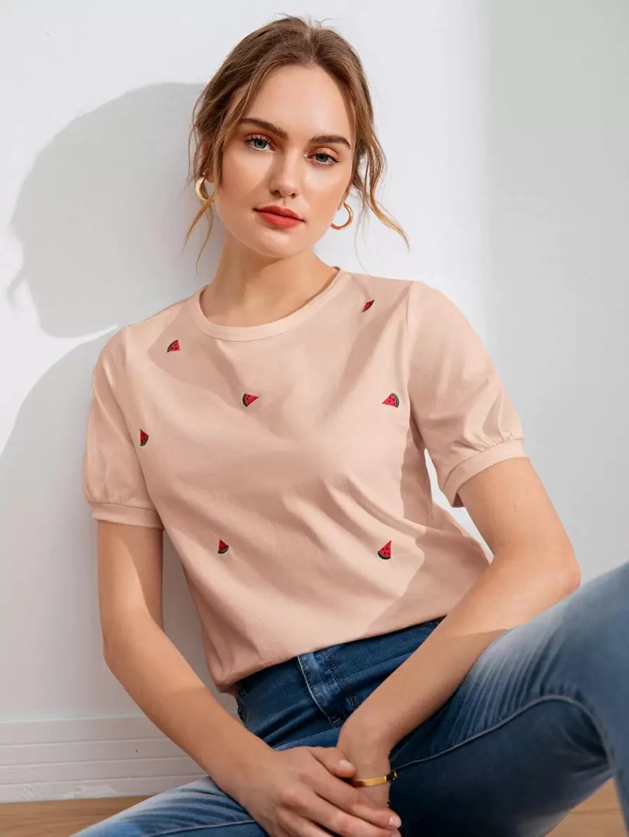 SHEIN EZwear Puff Sleeve Watermelon Embroidery Tee - Baby Pink - View 1