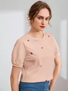 SHEIN EZwear Puff Sleeve Watermelon Embroidery Tee - Baby Pink - View 4
