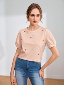 SHEIN EZwear Puff Sleeve Watermelon Embroidery Tee - Baby Pink - View 5