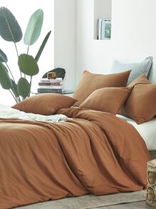 3pcs Plain Duvet Cover Set Without Filler - Orange - View 4