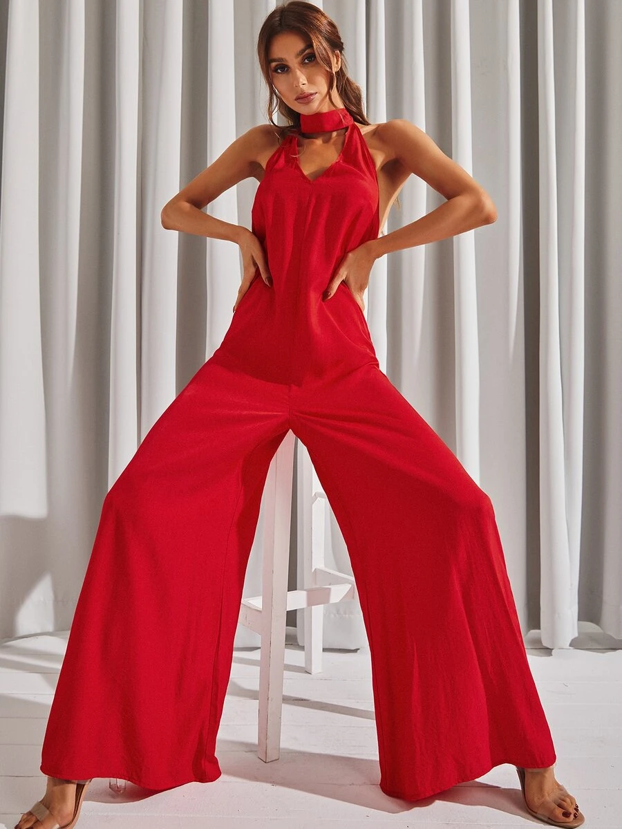 Backless Wide Leg Halter Neck Jumpsuit - Red - View 1