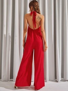 Backless Wide Leg Halter Neck Jumpsuit - Red - View 2