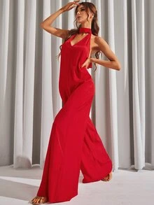 Backless Wide Leg Halter Neck Jumpsuit - Red - View 5