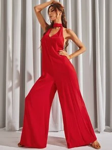 Backless Wide Leg Halter Neck Jumpsuit - Red - View 6