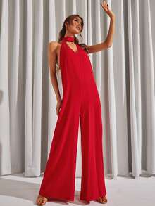 Backless Wide Leg Halter Neck Jumpsuit - Red - View 7