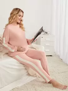 孕婦拼接側邊接縫落肩袖運動衫和可調節腰圍長褲休閒服套裝 - 淺粉色 - 查看 1