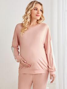 孕婦拼接側邊接縫落肩袖運動衫和可調節腰圍長褲休閒服套裝 - 淺粉色 - 查看 4