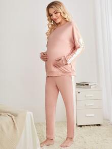 孕婦拼接側邊接縫落肩袖運動衫和可調節腰圍長褲休閒服套裝 - 淺粉色 - 查看 5