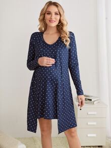 SHEIN Maternity Polka Dot Print Tank Dress & Open Front Robe - Navy Blue - View 3