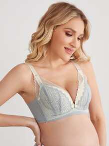 SHEIN Maternity Contrast Lace Nursing Bra For Mother - Blue - View 3