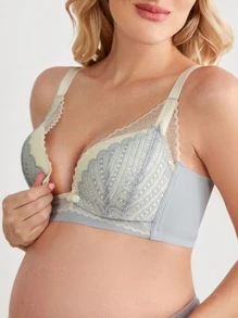 SHEIN Maternity Contrast Lace Nursing Bra For Mother - Blue - View 4