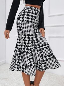 SHEIN Privé 高腰千鳥格魚尾短裙 - 黑與白 - 查看 6