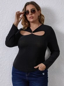 Áo thun Plus size Cắt ra màu trơn Giải trí - màu đen - Xem 1