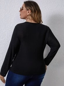 Áo thun Plus size Cắt ra màu trơn Giải trí - màu đen - Xem 2