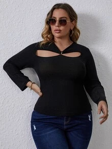 Áo thun Plus size Cắt ra màu trơn Giải trí - màu đen - Xem 5