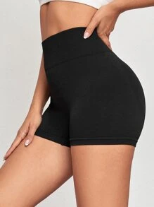 Yoga Basic Breathable Seamless Wideband Waist Sports Shorts - Black - View 1