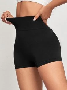 Yoga Basic Breathable Seamless Wideband Waist Sports Shorts - Black - View 2