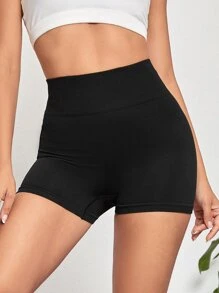 Yoga Basic Breathable Seamless Wideband Waist Sports Shorts - Black - View 3