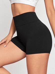 Yoga Basic Breathable Seamless Wideband Waist Sports Shorts - Black - View 4