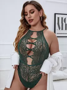 Plus Floral Lace Cross Teddy Bodysuit - Dark Green - View 1