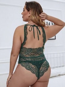 Plus Floral Lace Cross Teddy Bodysuit - Dark Green - View 2