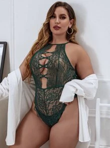 Plus Floral Lace Cross Teddy Bodysuit - Dark Green - View 3
