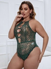 Plus Floral Lace Cross Teddy Bodysuit - Dark Green - View 4