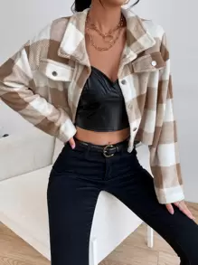 SHEIN EZwear Buffalo Plaid Pattern Drop Shoulder Crop Flannel Jacket - Multicolor - View 1