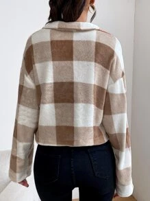 SHEIN EZwear Buffalo Plaid Pattern Drop Shoulder Crop Flannel Jacket - Multicolor - View 2