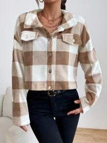 SHEIN EZwear Buffalo Plaid Pattern Drop Shoulder Crop Flannel Jacket - Multicolor - View 3