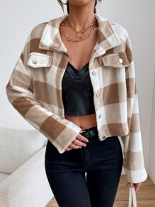 SHEIN EZwear Buffalo Plaid Pattern Drop Shoulder Crop Flannel Jacket - Multicolor - View 4