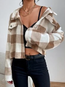 SHEIN EZwear Buffalo Plaid Pattern Drop Shoulder Crop Flannel Jacket - Multicolor - View 5