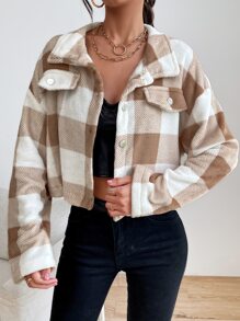 SHEIN EZwear Buffalo Plaid Pattern Drop Shoulder Crop Flannel Jacket - Multicolor - View 6