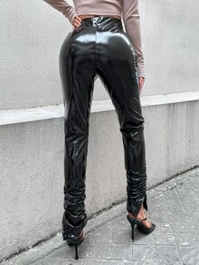 Pantalones de talle alto fruncido bajo con abertura PU - Negro - Ver 2