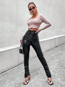 Pantalones de talle alto fruncido bajo con abertura PU - Negro - Ver 6