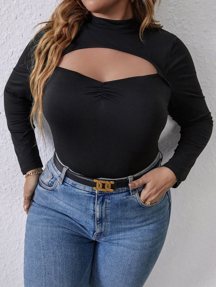 Áo thun Plus size Cắt ra Xù màu trơn Gợi cảm - màu đen - Xem 1