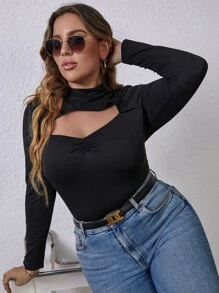 Áo thun Plus size Cắt ra Xù màu trơn Gợi cảm - màu đen - Xem 3