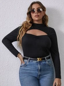 Áo thun Plus size Cắt ra Xù màu trơn Gợi cảm - màu đen - Xem 4
