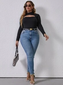 Áo thun Plus size Cắt ra Xù màu trơn Gợi cảm - màu đen - Xem 6