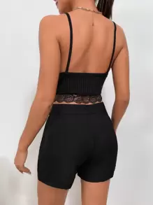 Firerie Top de tirantes con encaje en contraste fruncido - Negro - Ver 2