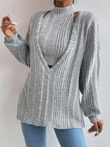 SHEIN Essnce Drop Shoulder Slit Hem Top & Halter Top - Grey - View 4