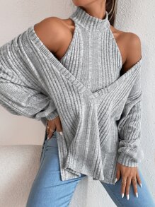 SHEIN Essnce Drop Shoulder Slit Hem Top & Halter Top - Grey - View 5