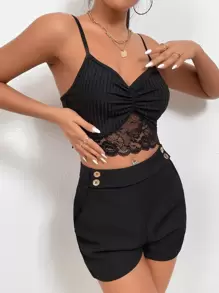 Firerie Top de tirantes con encaje en contraste fruncido - Negro - Ver 4