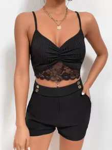 Firerie Top de tirantes con encaje en contraste fruncido - Negro - Ver 5