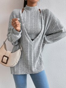 SHEIN Essnce Drop Shoulder Slit Hem Top & Halter Top - Grey - View 6