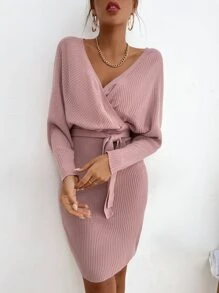 蝙蝠袖交叉領後綁帶腰帶毛衣裙