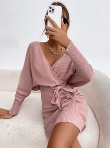 蝙蝠袖交叉領後綁帶腰帶毛衣裙