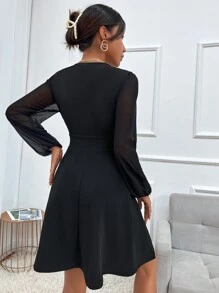 Surplice Neck Contrast Mesh Dress Without Belt - Black - View 2